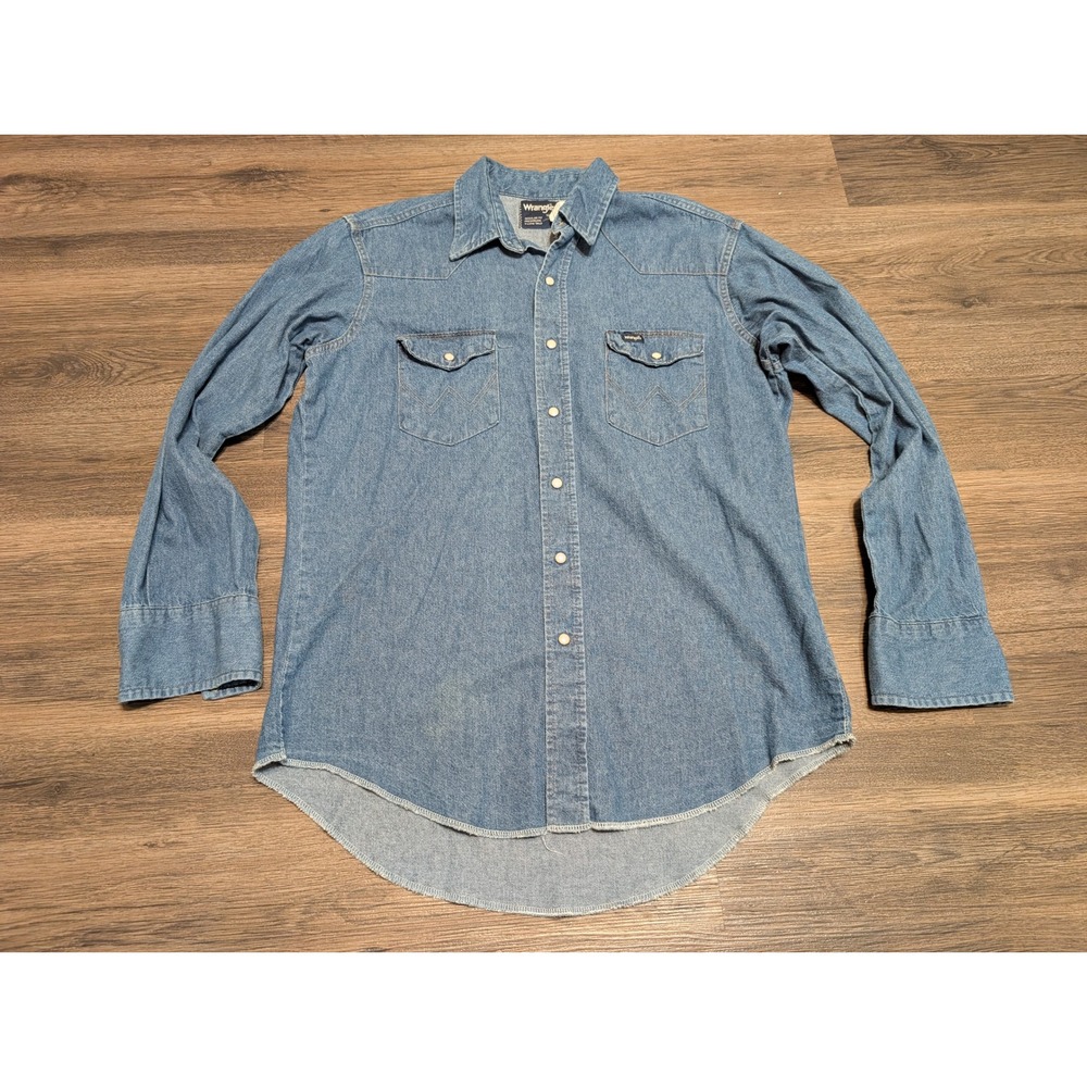 Wrangler Blue Denim Western Pearl Snap Shirt X-Long Tails Made in USA PBR Logo